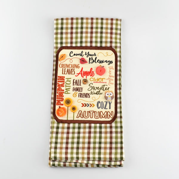 Kitchen Dish Towel Cotton Hand Towel Machine Embroidered Fall Sayings, Buttons