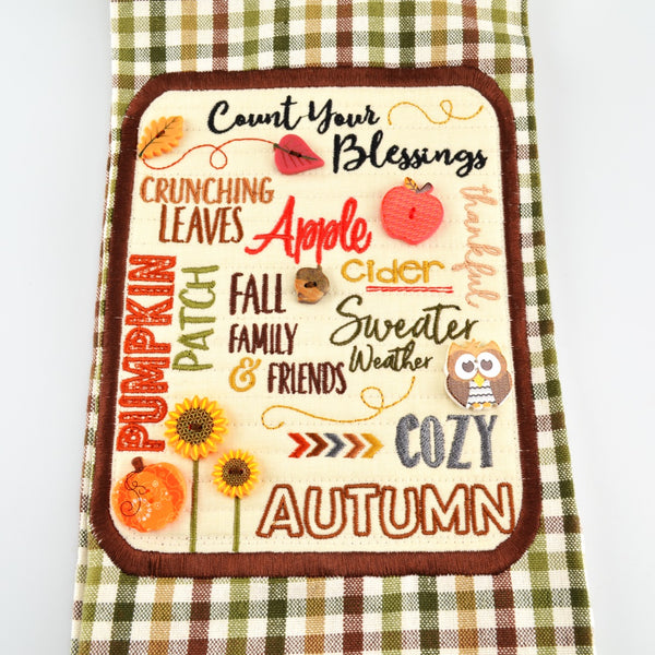 Kitchen Dish Towel Cotton Hand Towel Machine Embroidered Fall Sayings, Buttons