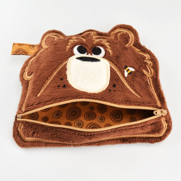 Bear Face Coin Purse 6.5" Plush Embroidered Wallet Bag Zipper Case