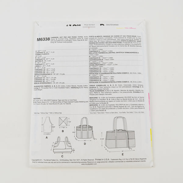 McCalls Crafts M6338 Sew Pattern - Tote Bags, Casserole Bottle Carrier - Uncut