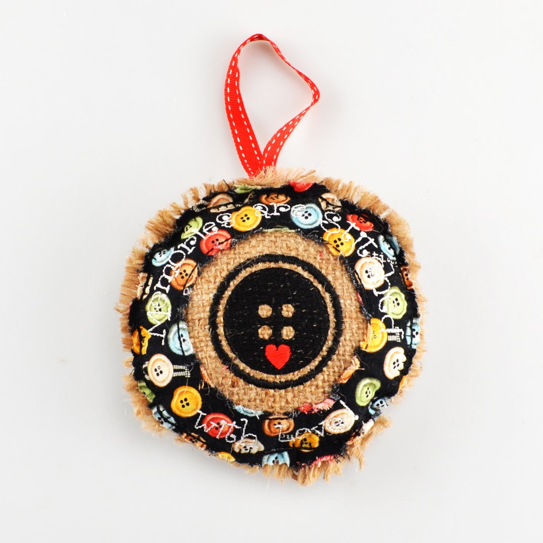 Ornament Holiday Black Burlap and Cotton 5" Embroidered Button Merry Christmas Decoration