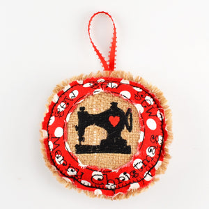 Ornament Holiday Red Polka-Dot Burlap and Cotton 5" Embroidered Sewing Machine Merry Christmas Decoration