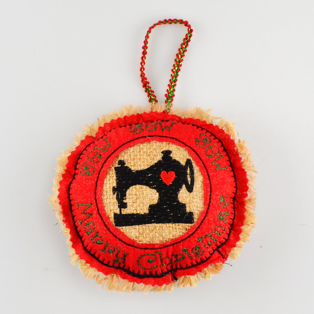 Ornament Holiday Red Burlap and Cotton 5" Embroidered Sewing Machine Merry Christmas Decoration