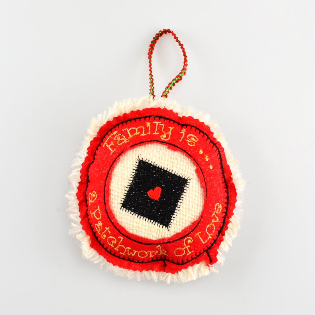 Ornament Holiday Red Burlap and Cotton 5" Embroidered Patch Decoration