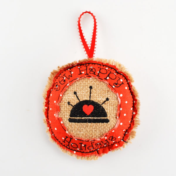 Ornament Holiday Red Burlap and Cotton 5" Embroidered Pin Cushion Decoration