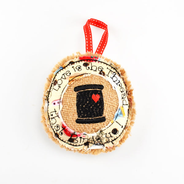 Ornament Holiday Cream Burlap and Cotton 5" Embroidered Thread Decoration