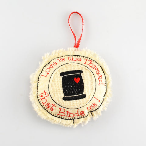 Ornament Holiday Cream Burlap and Cotton 5" Embroidered Thread Decoration