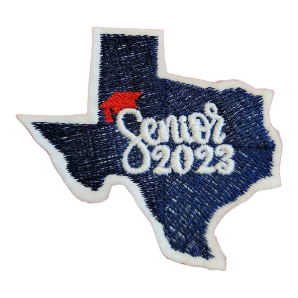 Senior 2023 Texas State Patch Iron-On - Blue, White, Red Cap - Mortarboard Decor