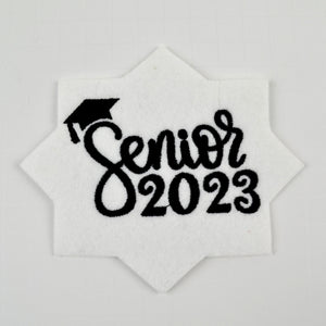 Senior 2023 Patch Iron-On - Solid Black on White - Graduation Cap Decor, Jacket