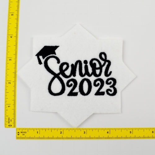 Senior 2023 Patch Iron-On - Solid Black on White - Graduation Cap Decor, Jacket