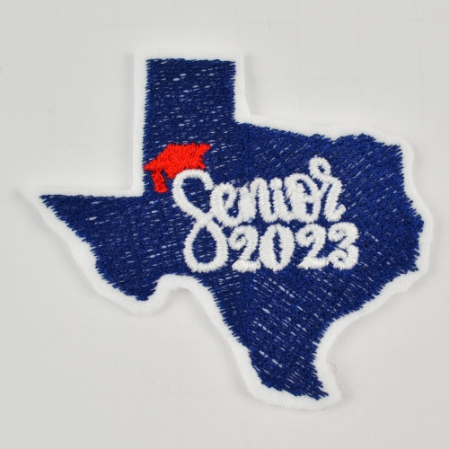 Senior 2023 Texas State Patch Iron-On - Blue, White, Red Cap - Mortarboard Decor