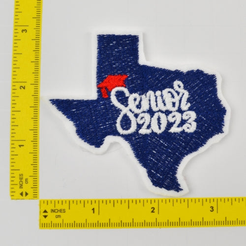 Senior 2023 Texas State Patch Iron-On - Blue, White, Red Cap - Mortarboard Decor