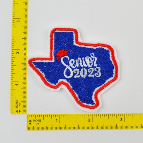 Senior 2023 Texas Patch Iron-On - Red, White, Blue - Mortarboard Decor