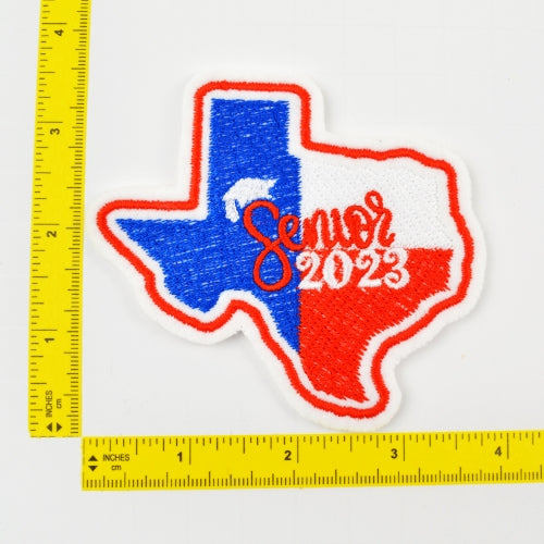 Senior 2023 Texas Flag Patch Iron-On - Red, White, Blue - Mortarboard Decor