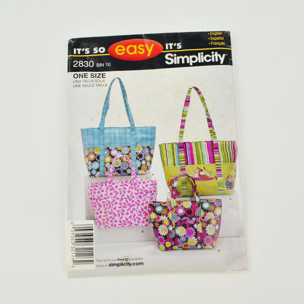 Simplicity 2830 Sew Pattern - Its So Easy - Tote Bags 2 Sizes - Uncut